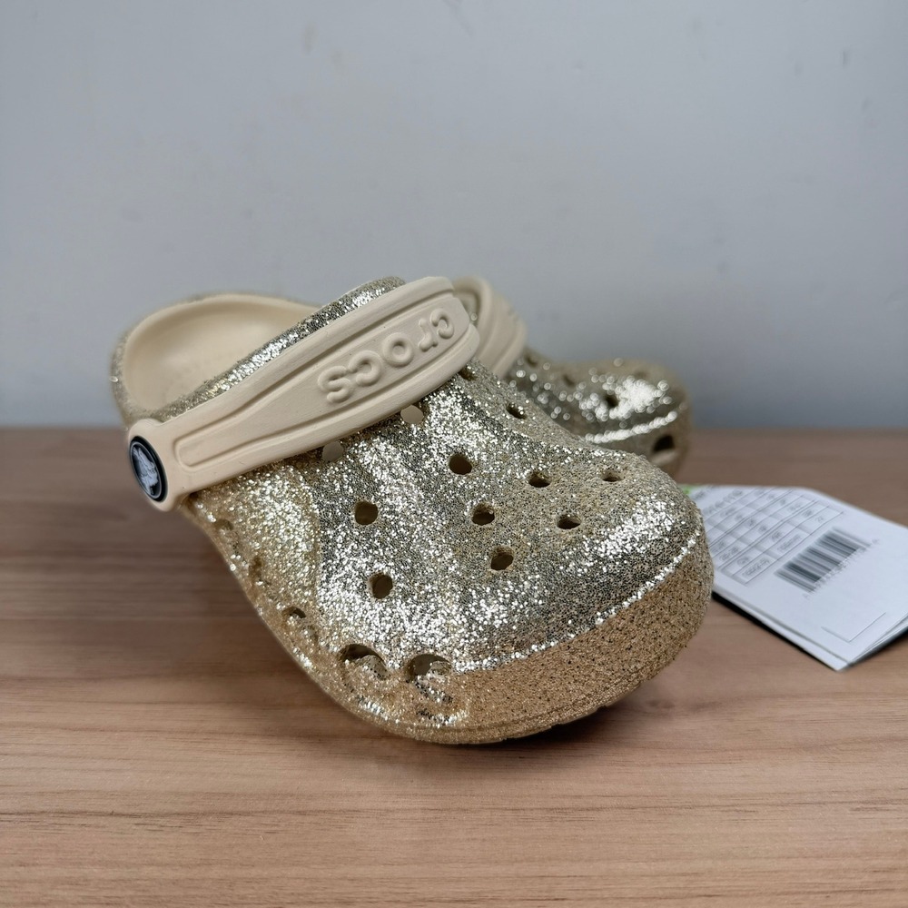 Crocs Baya Glitter Clog Kids Size c9 Gold 207014-11S Sparkly Slip On Shoes